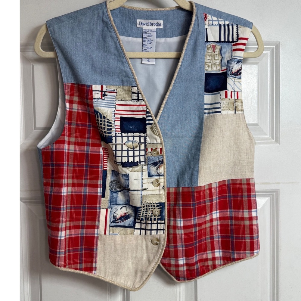 Vtg David Brooks Patchwork Nautical Denim Vest Women Size S Blue Red‎ Coastal